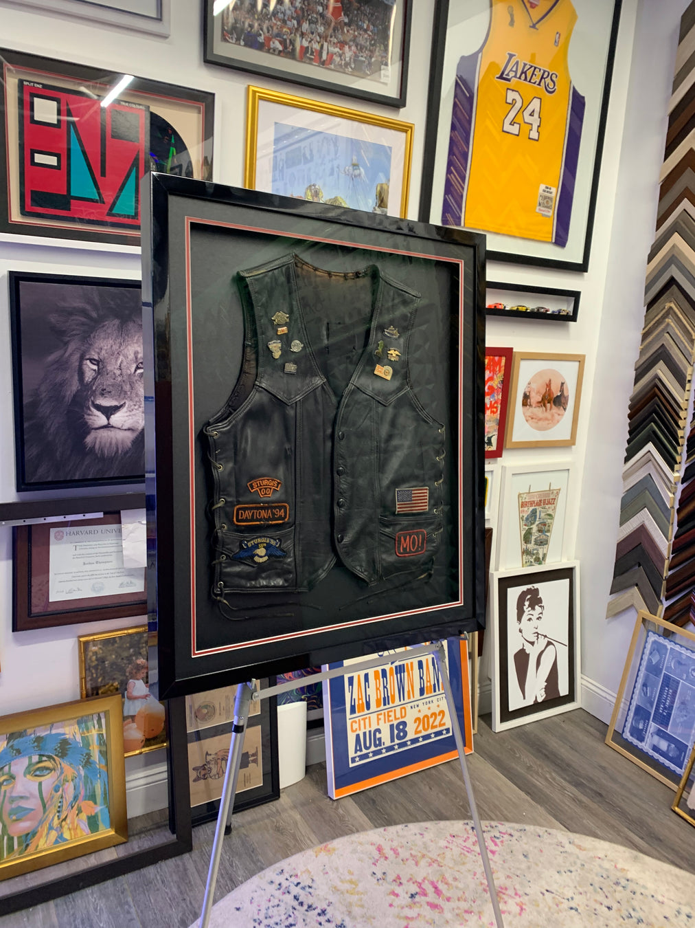 Custom framed leather motorcycle jacket in a deep shadow box frame by Modern Memory Design NJ