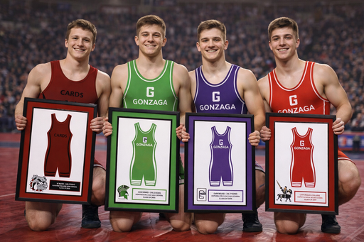 Wrestling singlet frame with career milestone details