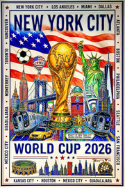 Promotional poster for the 2026 World Cup in New York City featuring iconic landmarks and the World Cup trophy.