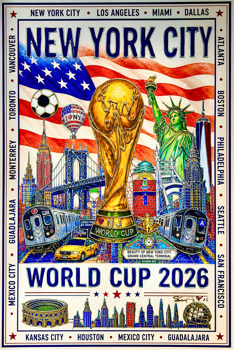 Promotional poster for the 2026 World Cup in New York City featuring iconic landmarks and the World Cup trophy.