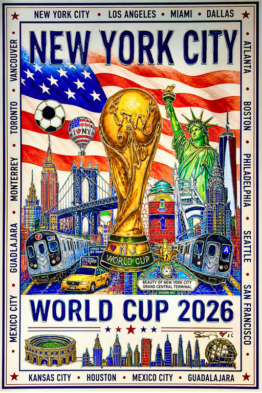 Promotional poster for the 2026 World Cup in New York City featuring iconic landmarks and the World Cup trophy.