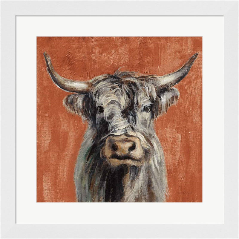 Highland Cow on Terracotta by Silvia Vassileva, Framed Art