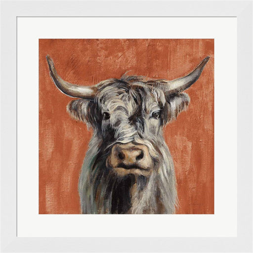 Highland Cow on Terracotta by Silvia Vassileva, Framed Art