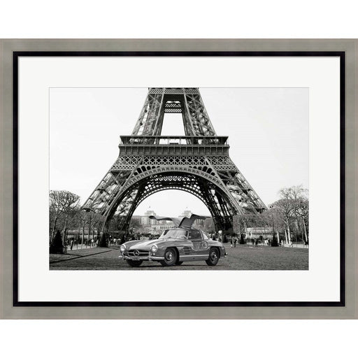 Roadster Under the Eiffel Tower (BW) by Gasoline Images, Framed Art