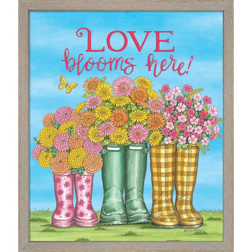 Love Blooms Here Wellies by Deb Strain, Framed Art