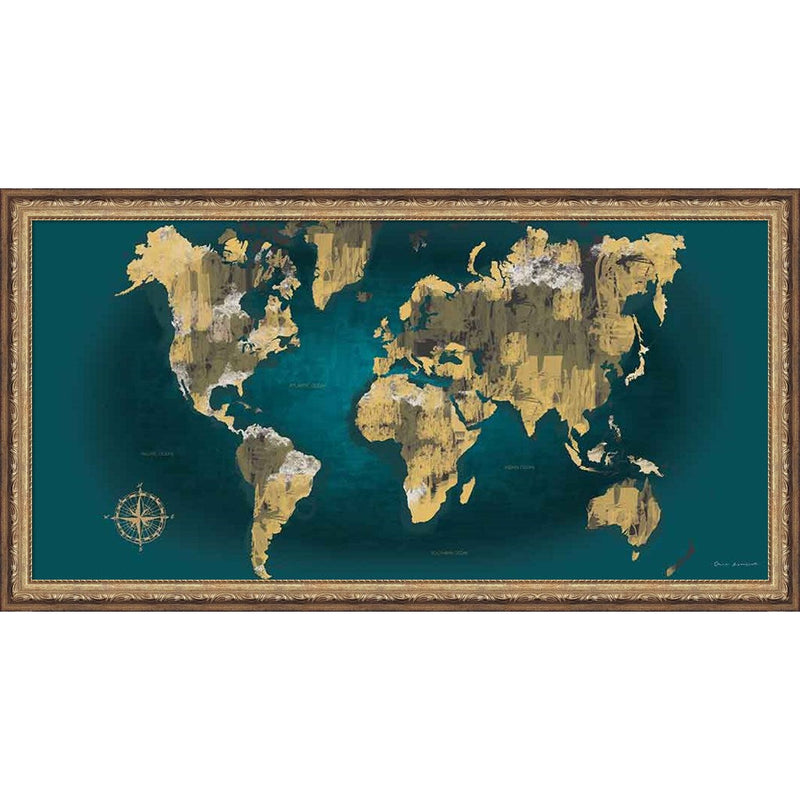 Sketched World Map Blue Crop by Omar Escalante, Framed Art
