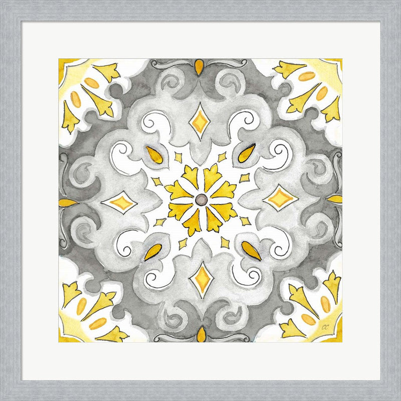 Jewel Medallion yellow gray I by Cynthia Coulter, Framed Art