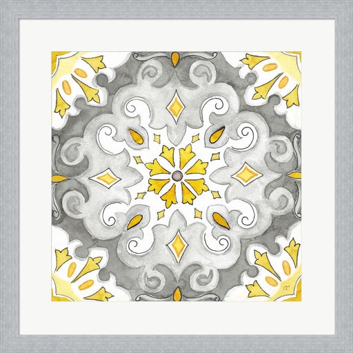 Jewel Medallion yellow gray I by Cynthia Coulter, Framed Art