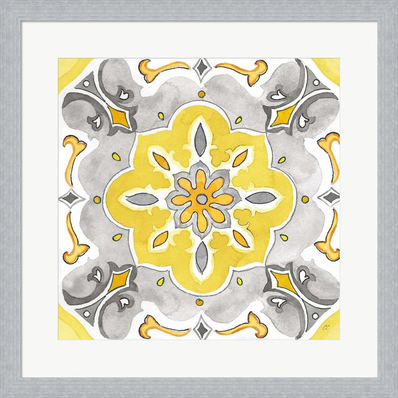 Jewel Medallion yellow gray III by Cynthia Coulter, Framed Art