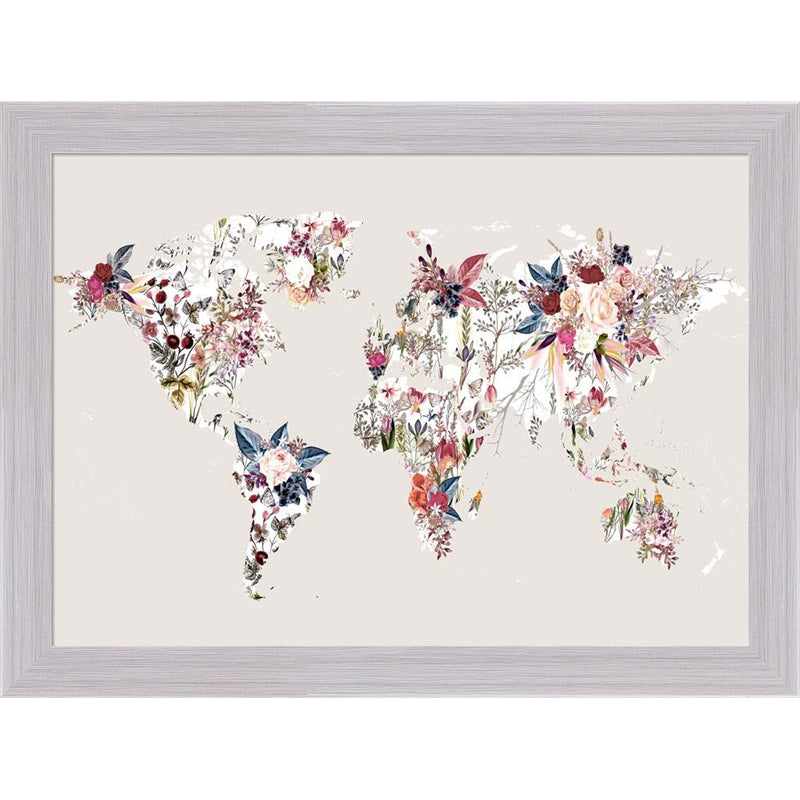 Worldmap Flowers (Light) by Design Fabrikken, Framed Art