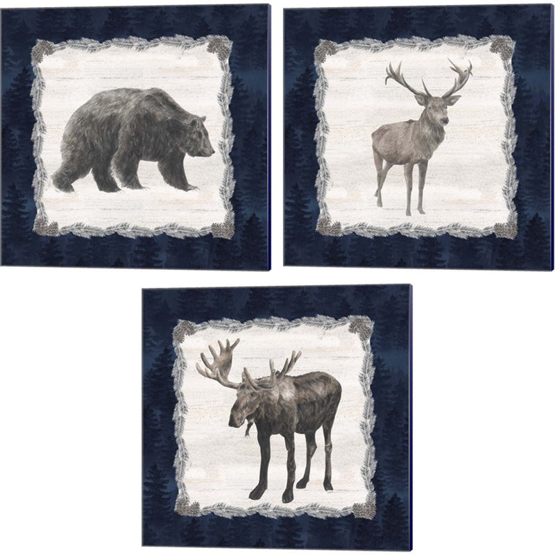 Blue Cliff Mountains - Deer, Bear, Moose by Tara Reed, 3 Piece Canvas Art Set