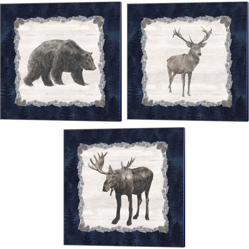 Blue Cliff Mountains - Deer, Bear, Moose by Tara Reed, 3 Piece Canvas Art Set