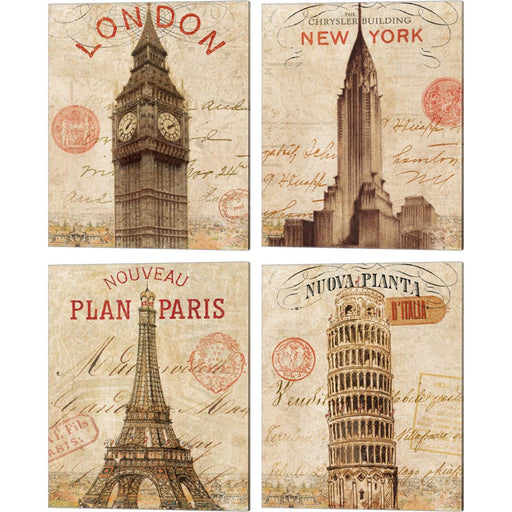 Letter from London, New York, Paris & Pisa by Wild Apple Portfolio, 4 Piece Canvas Art Set