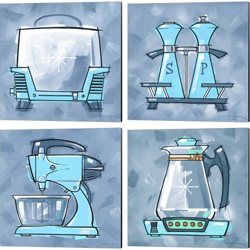 Blue On Blue Toaster, Salt and Pepper, Mixer & Coffee Pot by Larry Hunter, 4 Piece Canvas Art Set