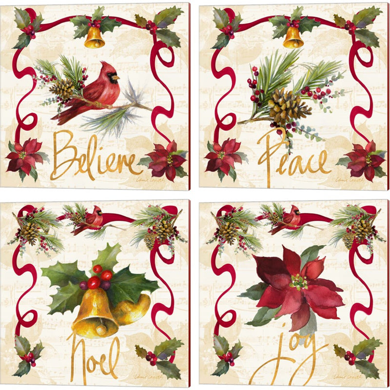 Christmas Poinsettia Ribbon by Lanie Loreth, 4 Piece Canvas Art Set
