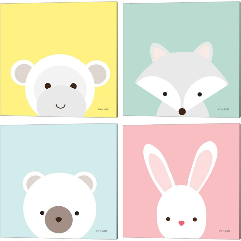 Cuddly Monkey, Fox, Bear & Bunny by Ann Kelle, 4 Piece Canvas Art Set
