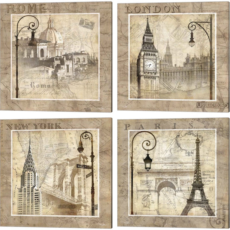 Paris Holiday, When in Rome, London Calling, New York Serenade & Paris Holiday by Keith Mallett, 4 Piece Canvas Art Set