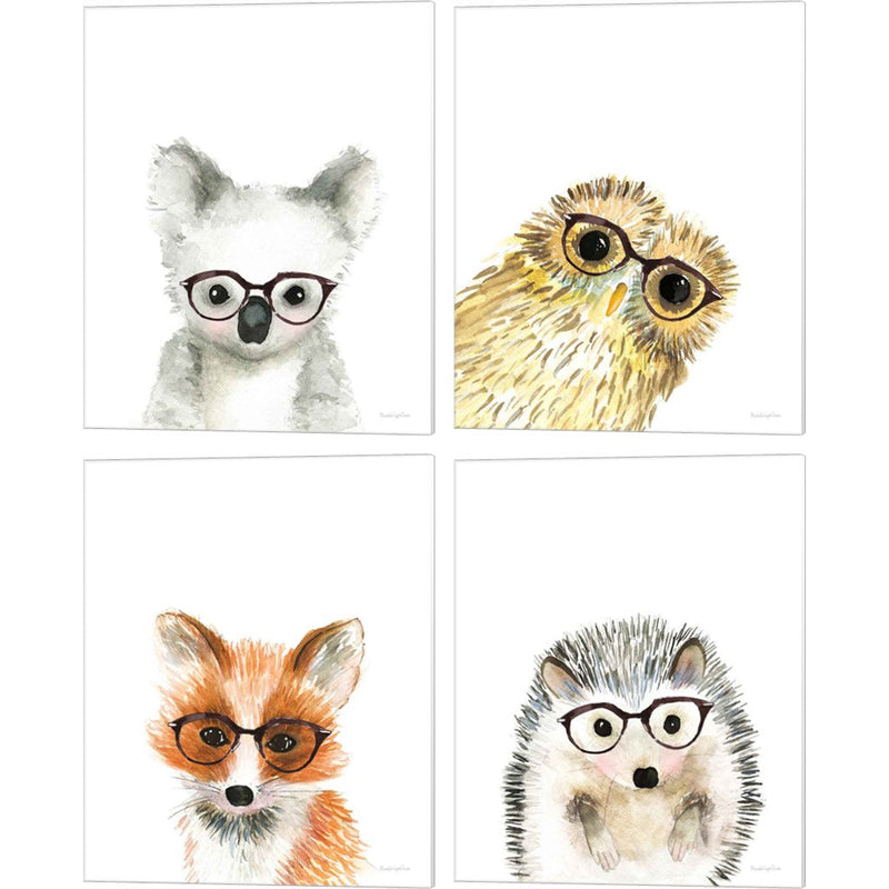 Koala, Owl, Fox & Hedgehog in Glasses by Mercedes Lopez Charro, 4 Piece Canvas Art Set