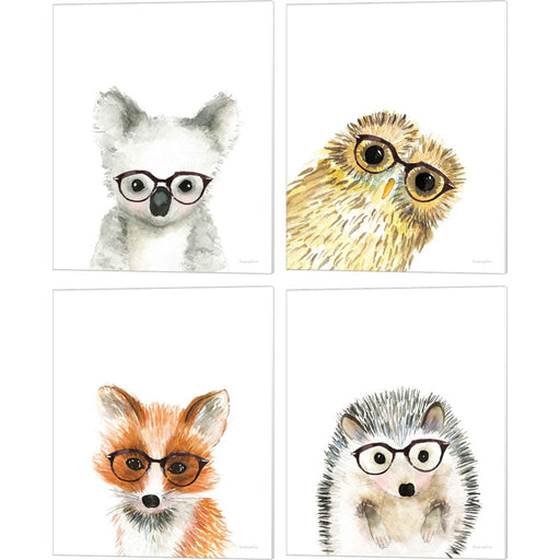 Koala, Owl, Fox & Hedgehog in Glasses by Mercedes Lopez Charro, 4 Piece Canvas Art Set