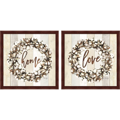 Home & Love Cotton Wreath by Marla Rae, 2 Piece Mahogany Framed Art Set