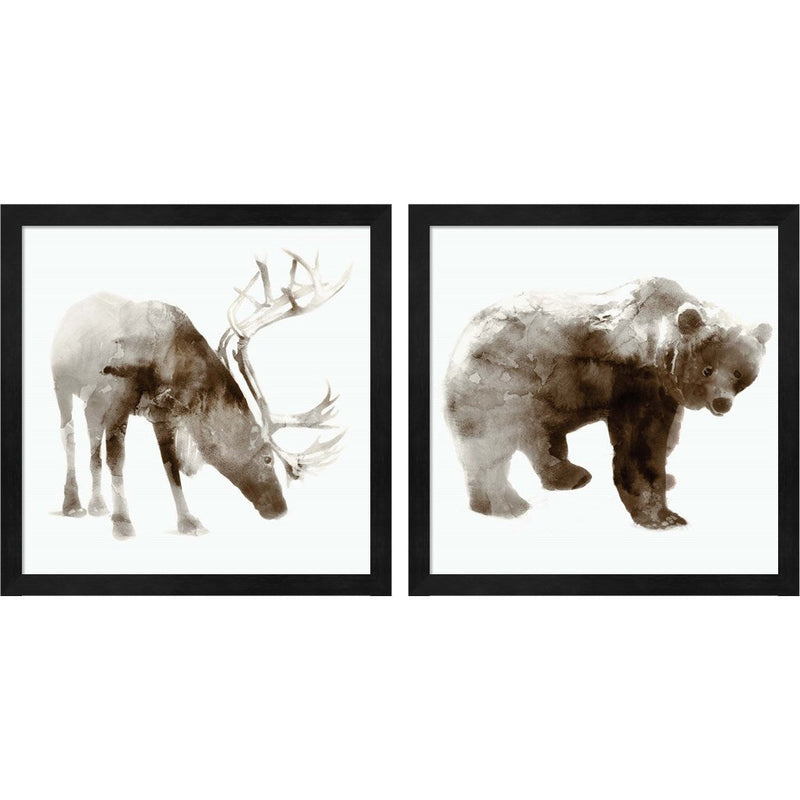 Caribou & Bear by Edward Selkirk, 2 Piece Black Framed Art Set