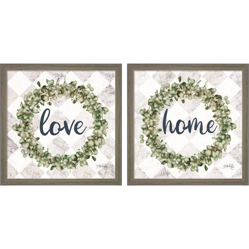 Love & Home Eucalyptus Wreath by Marla Rae, 2 Piece Rustic Grey Framed Art Set