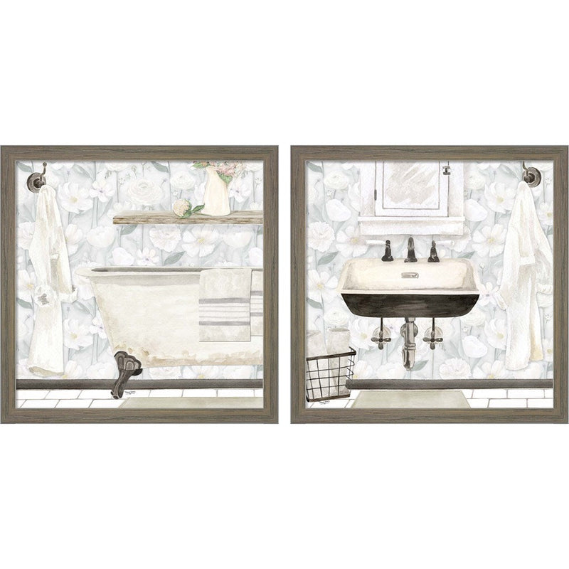 White Floral Bath by Tara Reed, 2 Piece Rustic Grey Framed Art Set