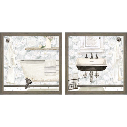 White Floral Bath by Tara Reed, 2 Piece Rustic Grey Framed Art Set
