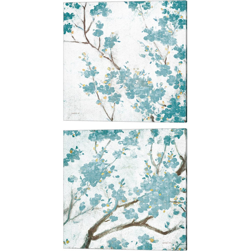 Teal Cherry Blossoms on Cream Aged no Bird by Danhui NAI, 2 Piece Canvas Art Set