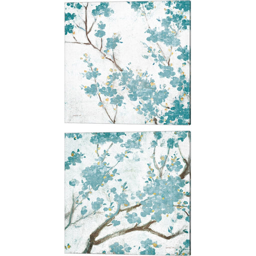 Teal Cherry Blossoms on Cream Aged no Bird by Danhui NAI, 2 Piece Canvas Art Set