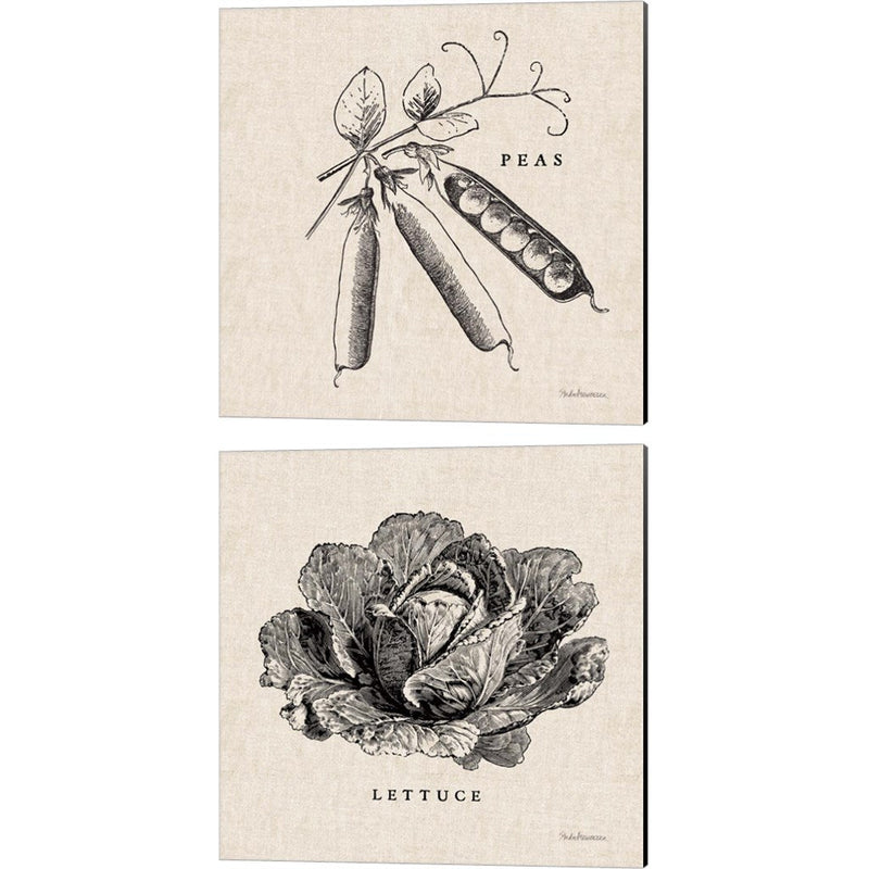 Burlap Vegetable BW Sketch Peas & Lettuce by Studio Mousseau, 2 Piece Canvas Art Set