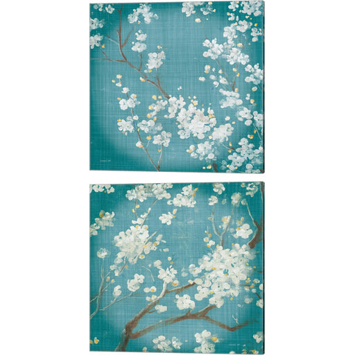 White Cherry Blossoms on Teal Aged no Bird by Danhui NAI, 2 Piece Canvas Art Set