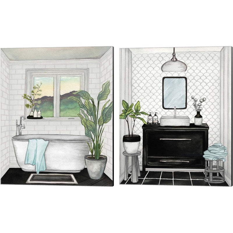Modern Black and White Bath by Elizabeth Medley, 2 Piece Canvas Art Set