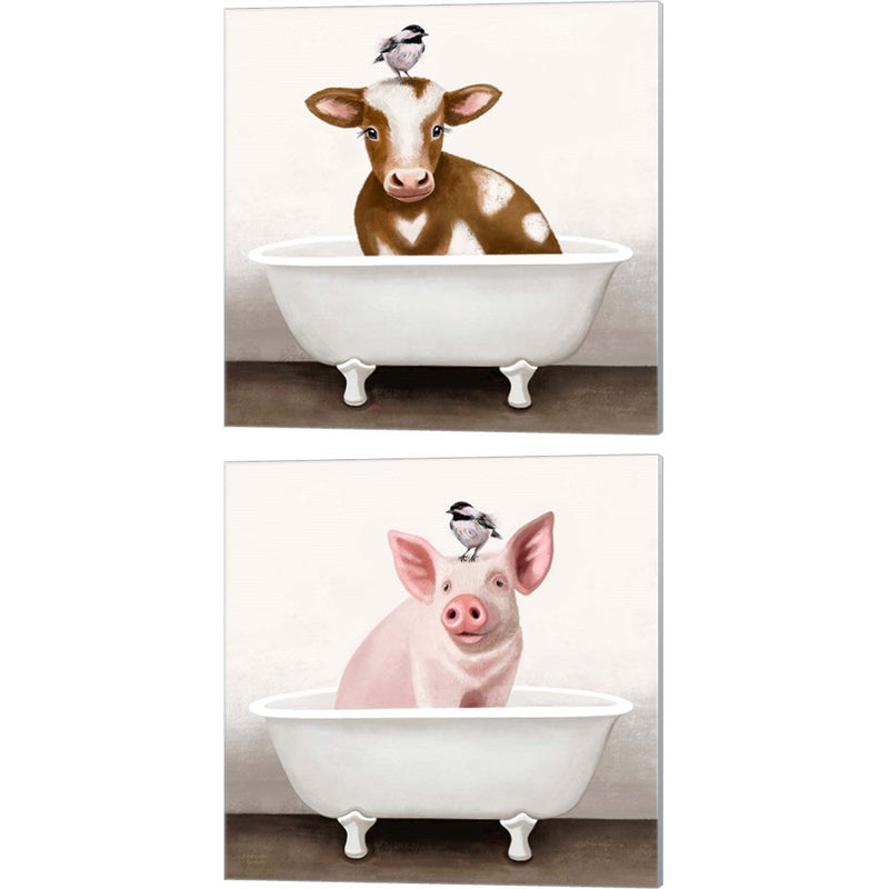 Cow & Pig in Bathtub by Elizabeth Tyndall, 2 Piece Canvas Art Set