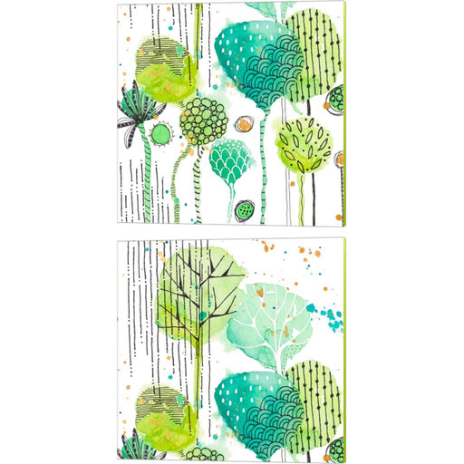 Green Stamped Leaves Square by Krinlox, 2 Piece Canvas Art Set