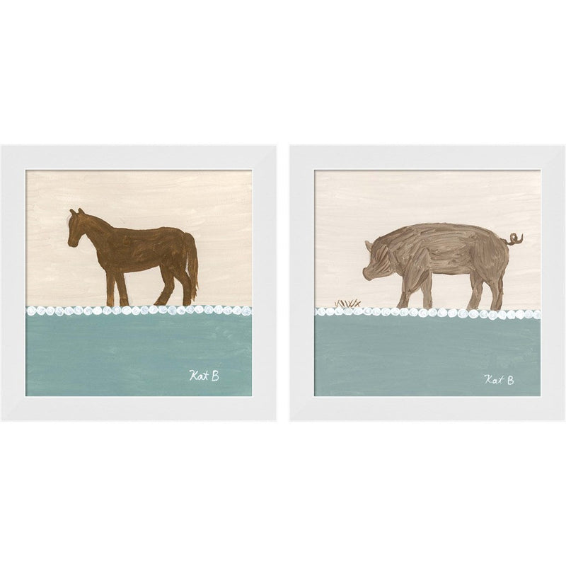 Out to Pasture - Brown Horse & Pig by Kathleen Bryan, 2 Piece White Framed Art Set
