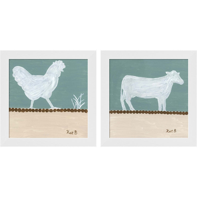 Out to Pasture - White Chicken & Cow by Kathleen Bryan, 2 Piece White Framed Art Set