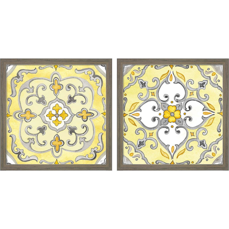 Jewel Medallion Yellow Gray B by Cynthia Coulter, 2 Piece Rustic Grey Framed Art Set