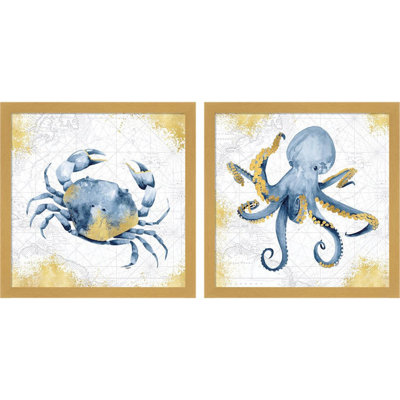 Deep Blue Sea White Gold A by Tara Reed, 2 Piece Natural Framed Art Set