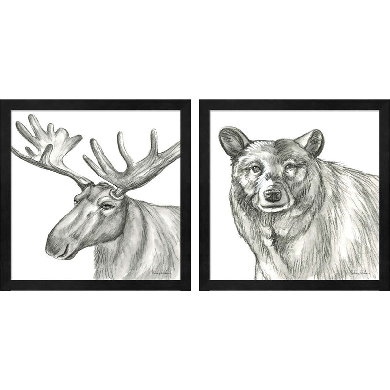 Watercolor Pencil Forest (Moose & Bear) by Kelsey Wilson, 2 Piece Black Framed Art Set
