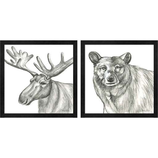 Watercolor Pencil Forest (Moose & Bear) by Kelsey Wilson, 2 Piece Black Framed Art Set