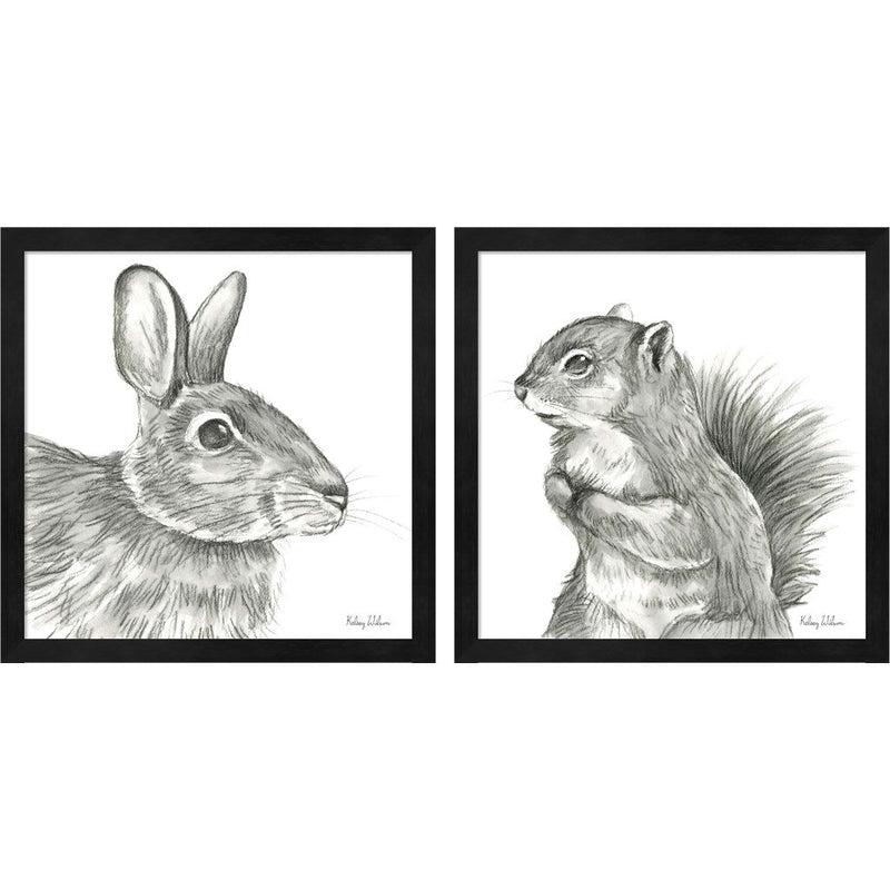 Watercolor Pencil Forest (Rabbit & Squirrel) by Kelsey Wilson, 2 Piece Black Framed Art Set