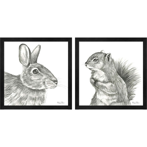 Watercolor Pencil Forest (Rabbit & Squirrel) by Kelsey Wilson, 2 Piece Black Framed Art Set