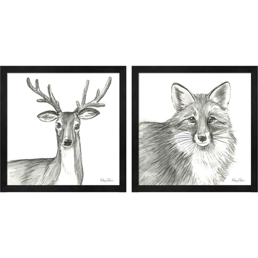 Watercolor Pencil Forest (Deer & Fox) by Kelsey Wilson, 2 Piece Black Framed Art Set