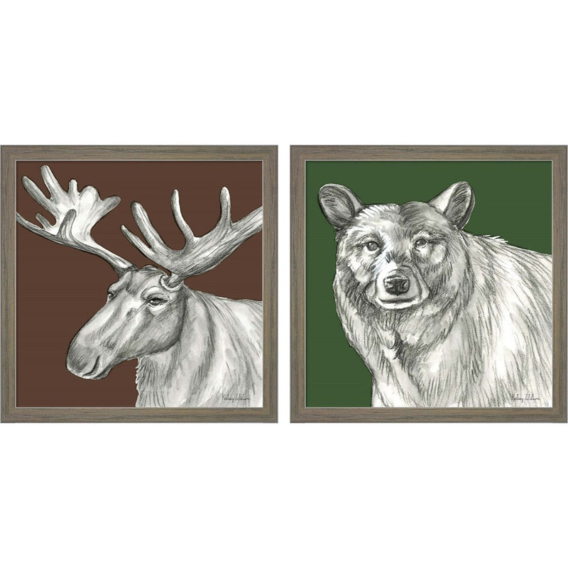 Watercolor Pencil Forest Color (Moose & Bear) by Kelsey Wilson, 2 Piece Rustic Grey Framed Art Set