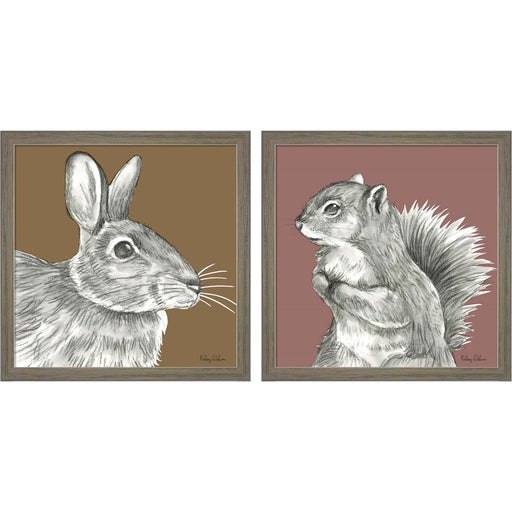 Watercolor Pencil Forest Color (Rabbit & Squirrel) by Kelsey Wilson, 2 Piece Rustic Grey Framed Art Set