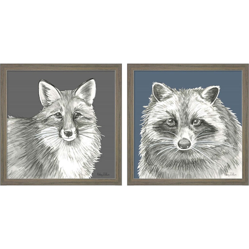 Watercolor Pencil Forest Color (Deer & Fox) by Kelsey Wilson, 2 Piece Rustic Grey Framed Art Set