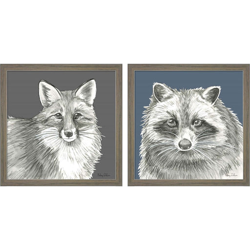 Watercolor Pencil Forest Color (Deer & Fox) by Kelsey Wilson, 2 Piece Rustic Grey Framed Art Set
