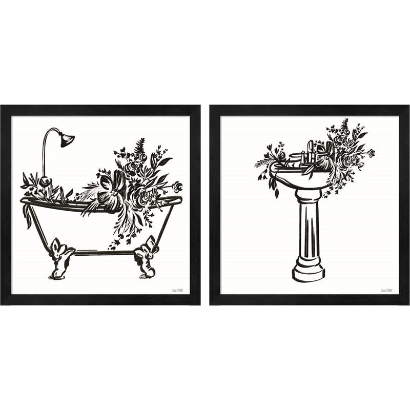 Vintage Floral Tub & Sink by House Fenway, 2 Piece Black Framed Art Set