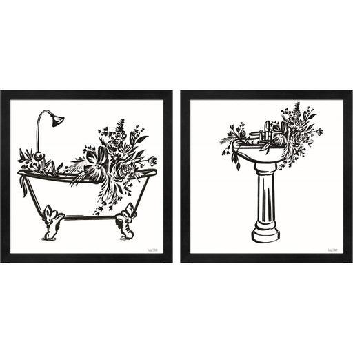 Vintage Floral Tub & Sink by House Fenway, 2 Piece Black Framed Art Set